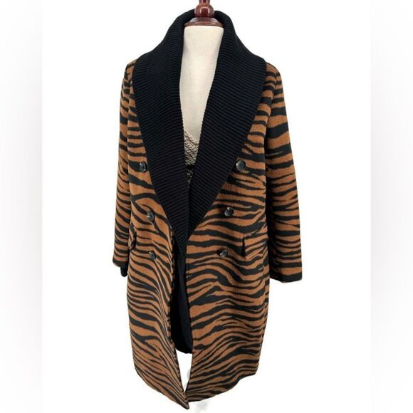 NWT Dolce Cabo Double Breasted Coat with Removable Knit Collar Brown Zebra Small - Picture 4 of 9
